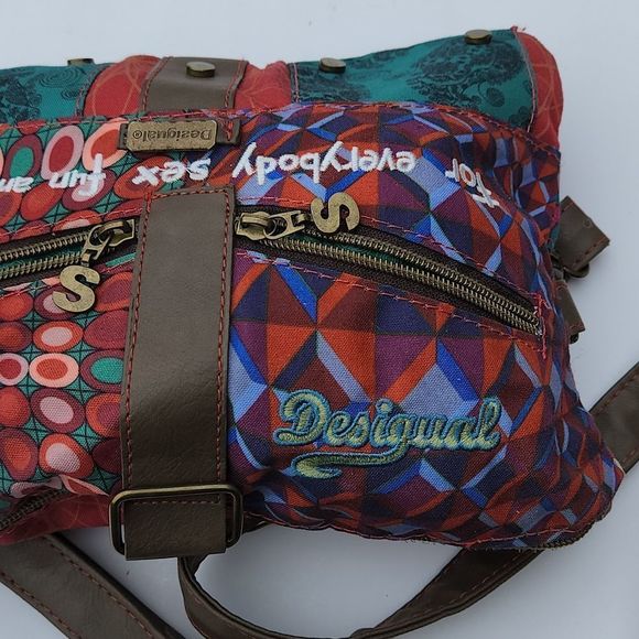 Desigual designer Crossbody Bag multi pattern green red embroidery leather - Picture 3 of 16